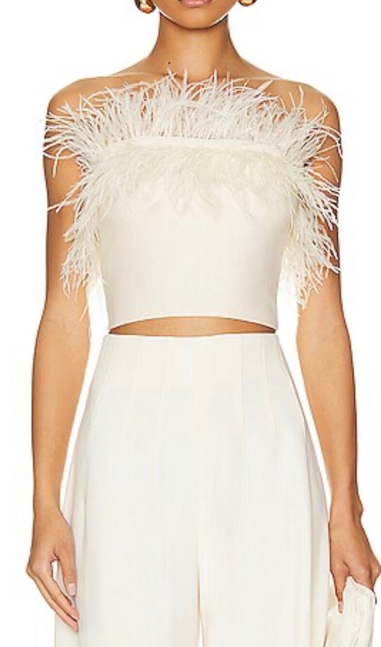 STAUD Cropped Top Nellie Strapless Feather Trim Top Cream Ponte